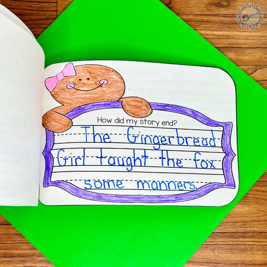 Page of a writing book that says "The Gingerbread Girl taught the fox some manners."