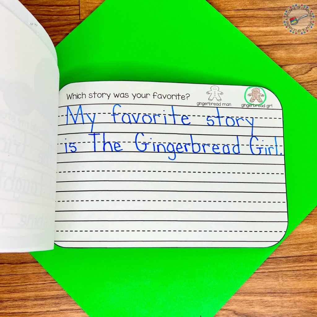 Page of a writing activity that says "My favorite story is The Gingerbread Girl."