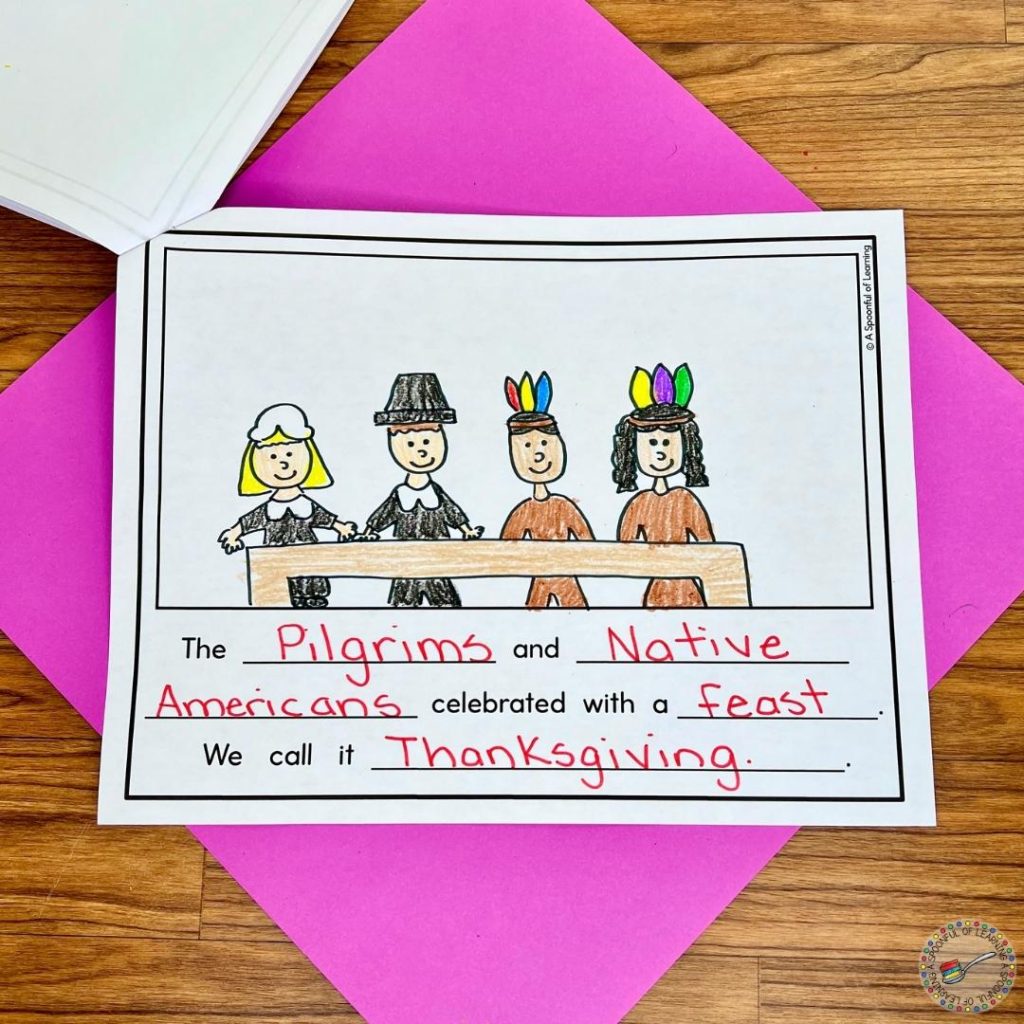 An illustrated fill-in-the-blank page of a Thanksgiving book