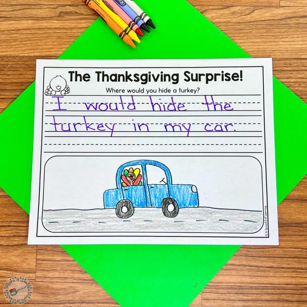 A completed writing activity for the Thanksgiving Surprise