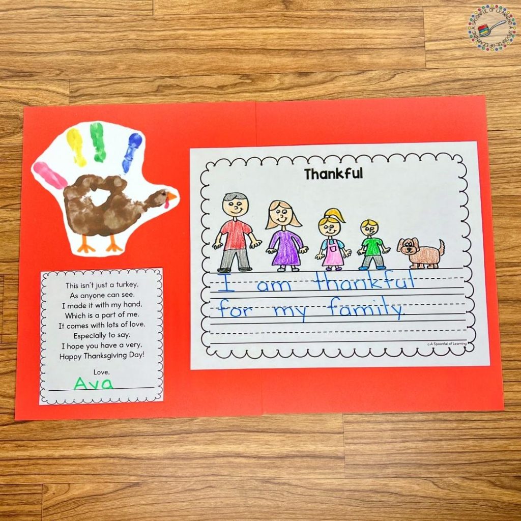 A completed Thanksgiving placemat with handprint turkey, poem, and writing activity