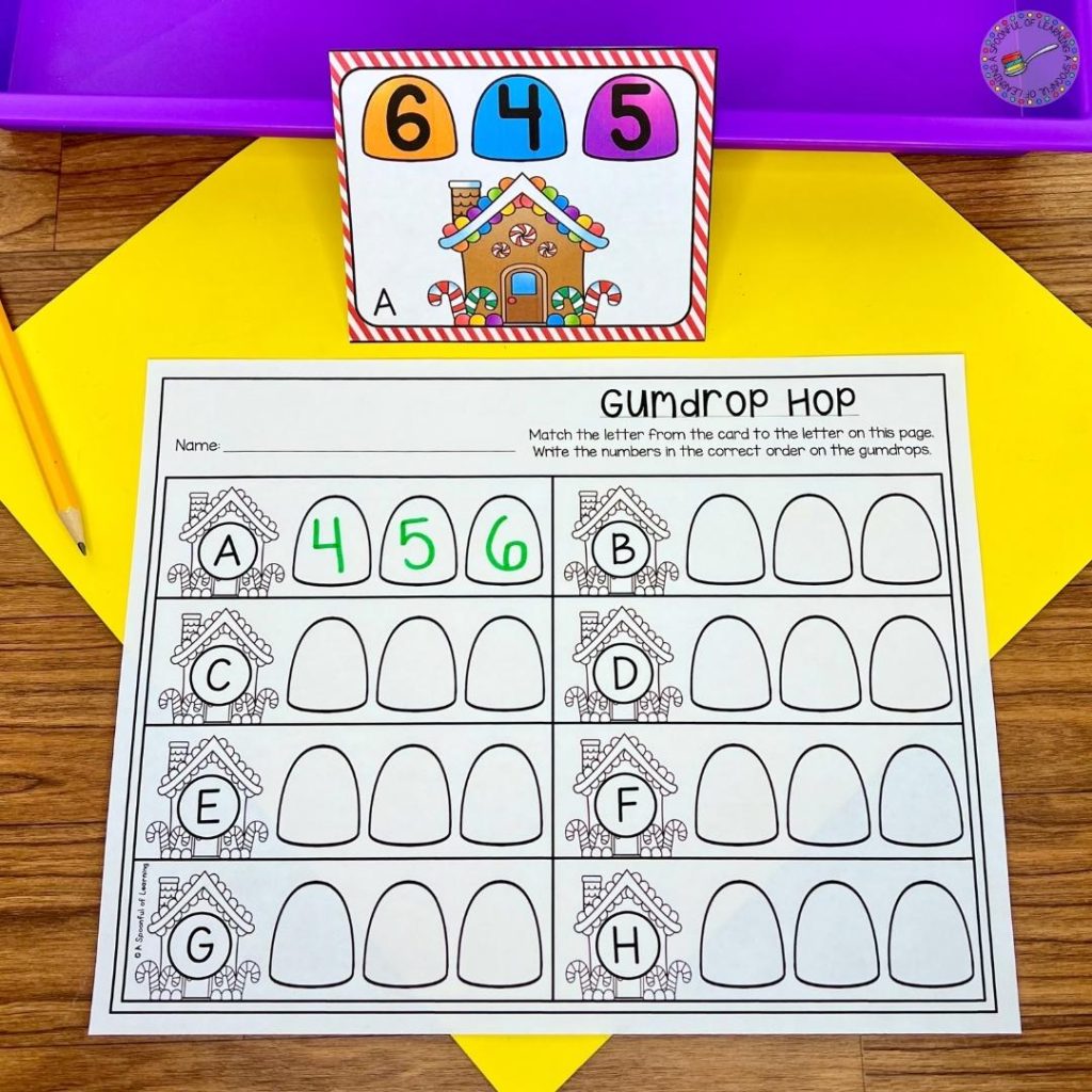 A gumdrop themed number ordering activity