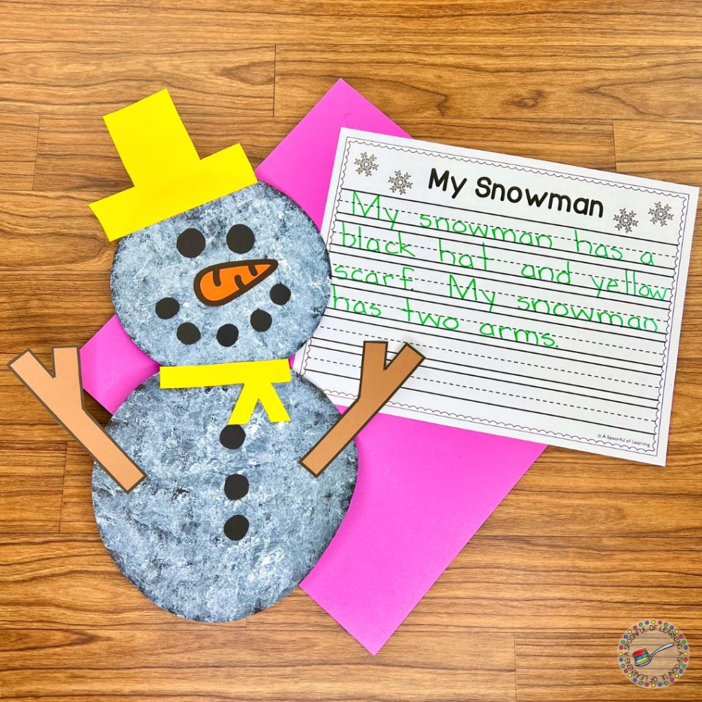 Completed snowman craft with writing