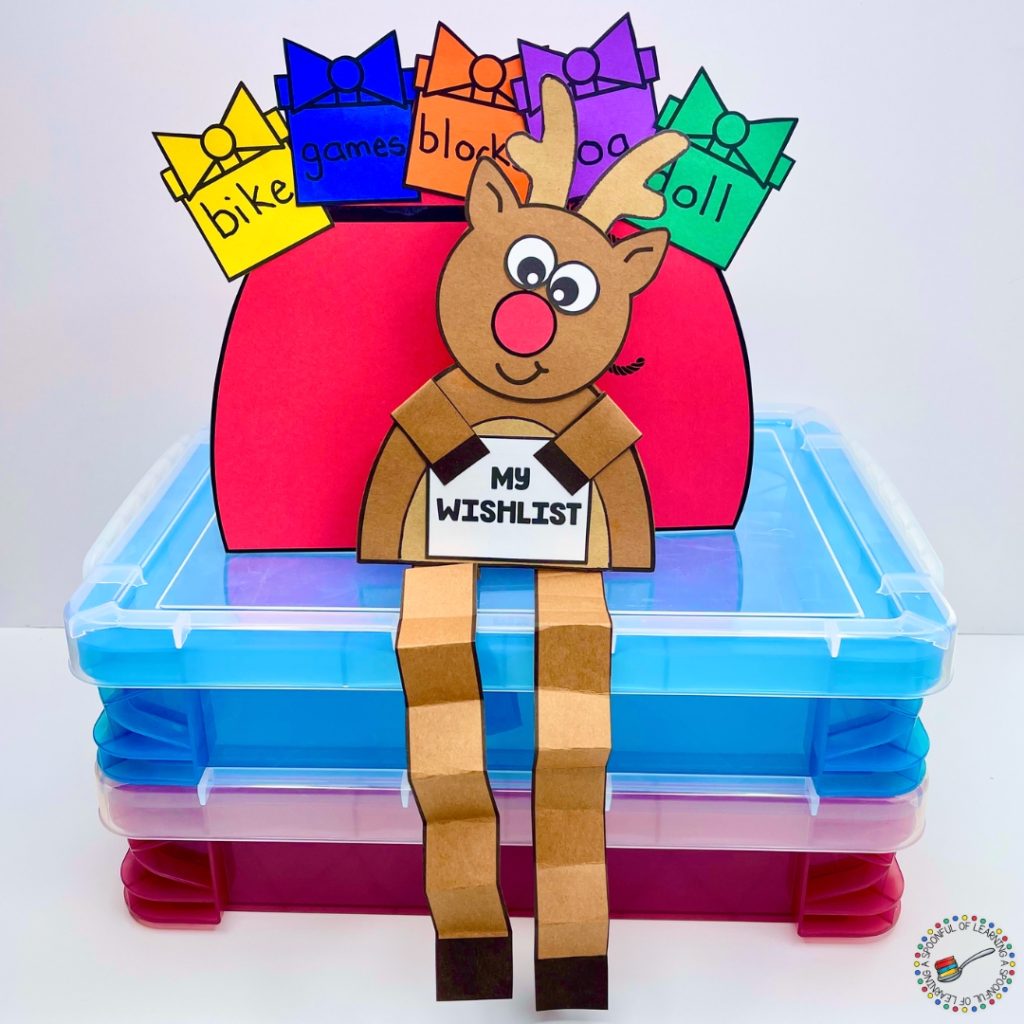 A reindeer craft being used for a holiday wishlist