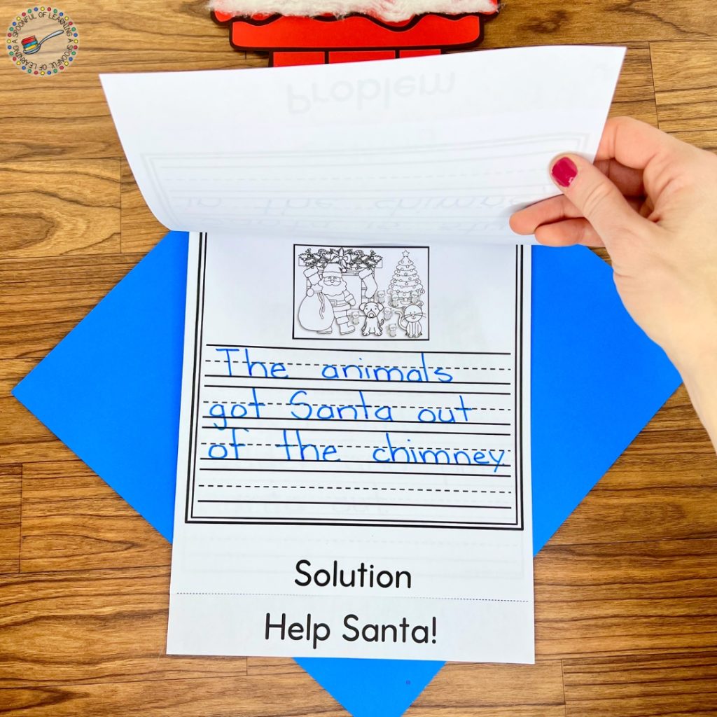 The solution page of a Santa's Stuck story elements flipbook