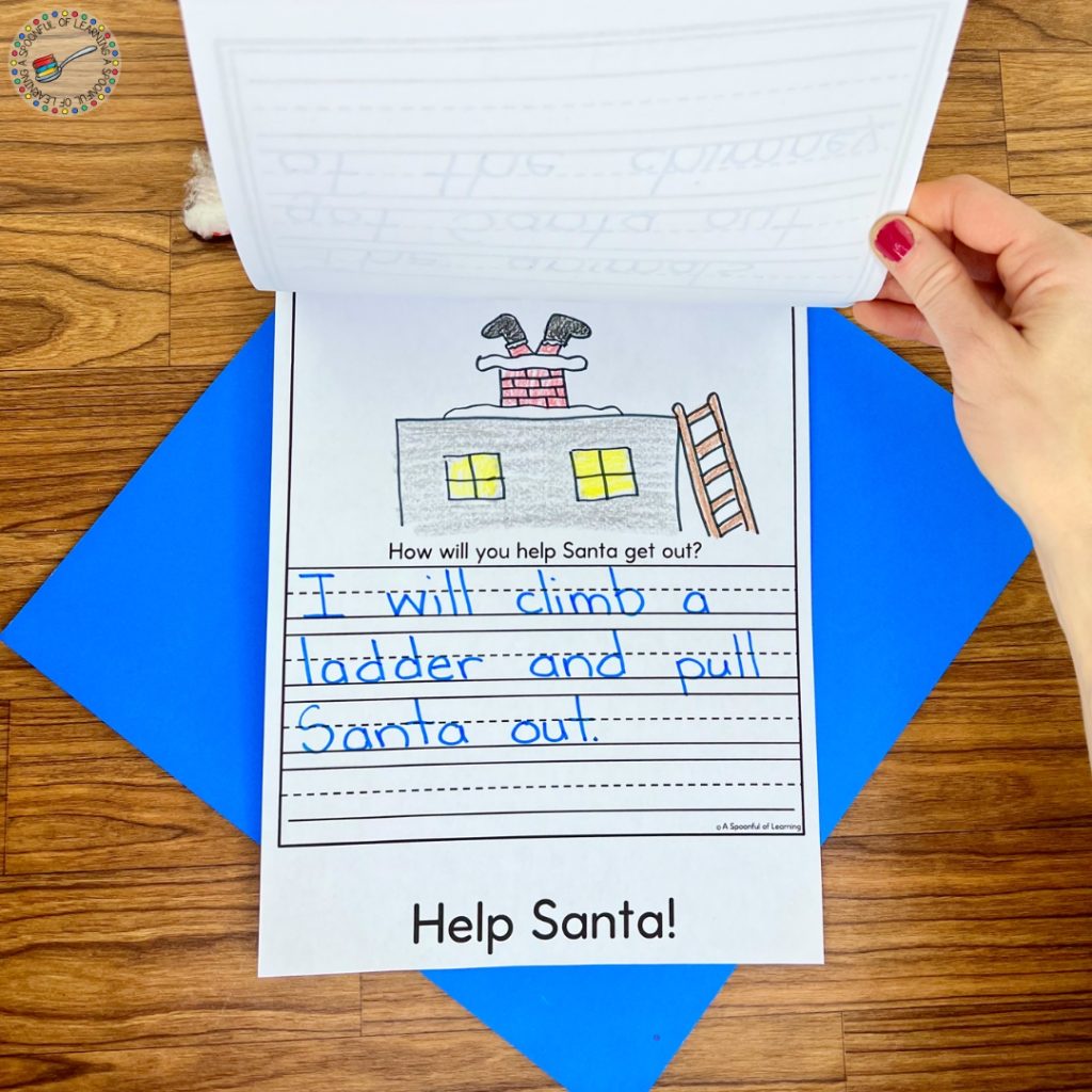 An illustrated sentence for the Help Santa! page of a flip book