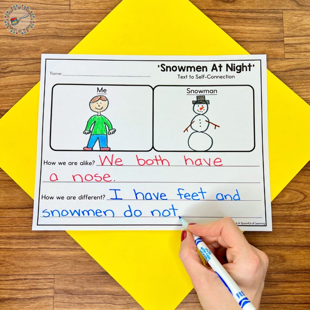 Snowmen At Night text-to-self connection worksheet