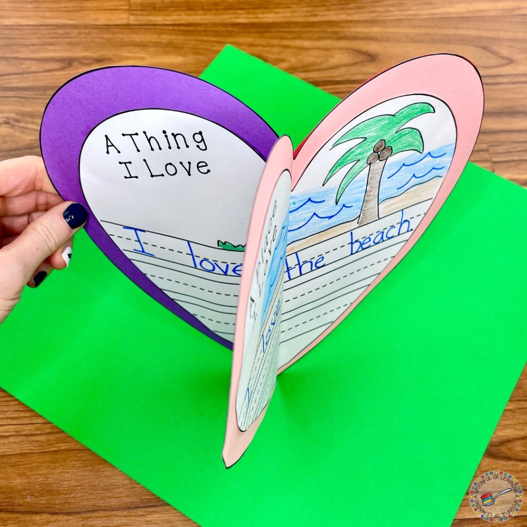 Two sides of a three-sided Valentine's Day noun craft