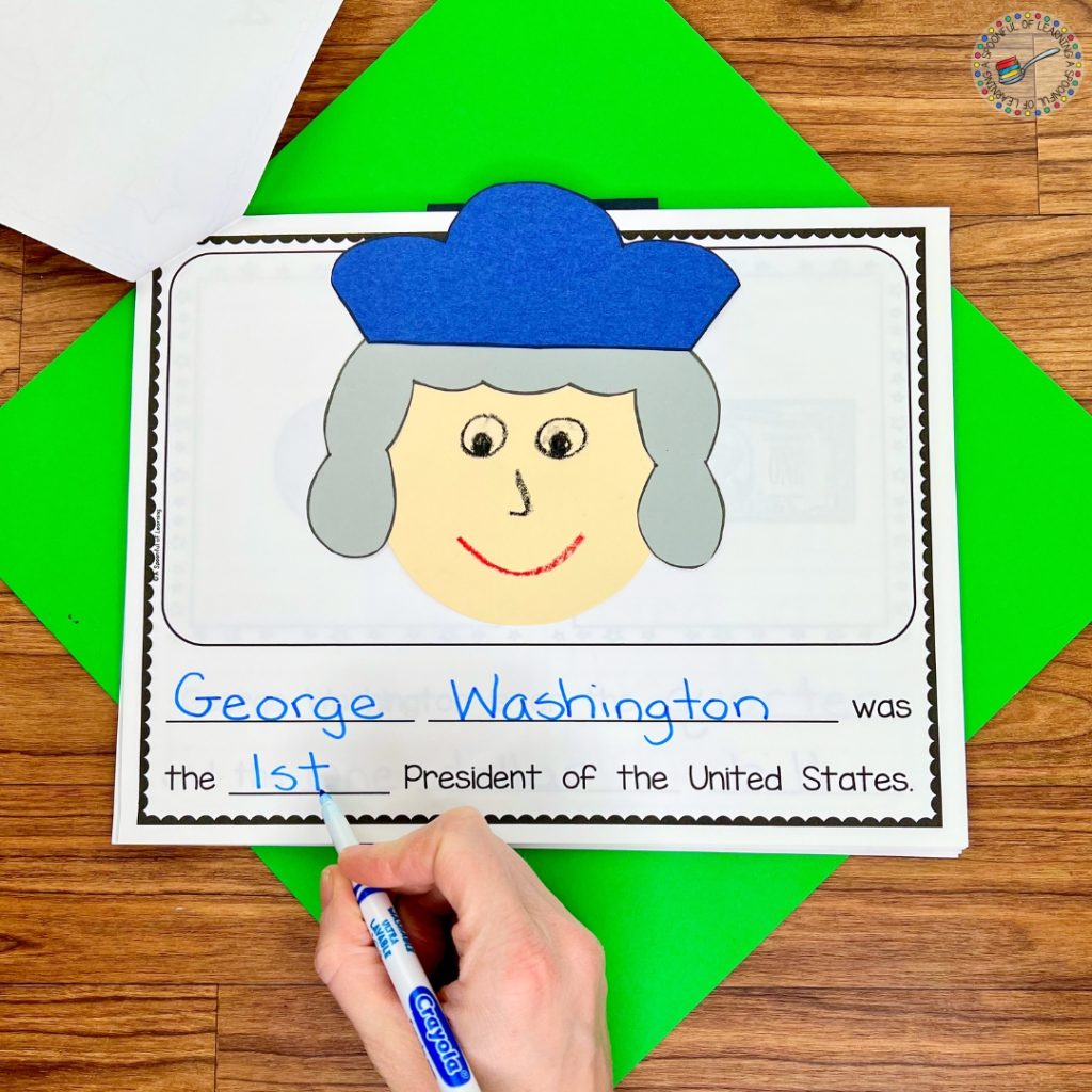 A George Washington craft on a page of a printable book