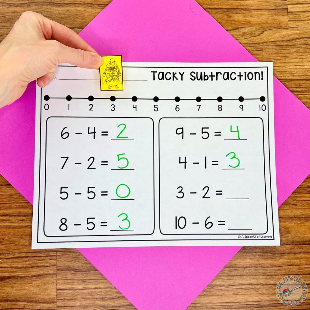 Penguin subtraction number line worksheet with subtraction equations