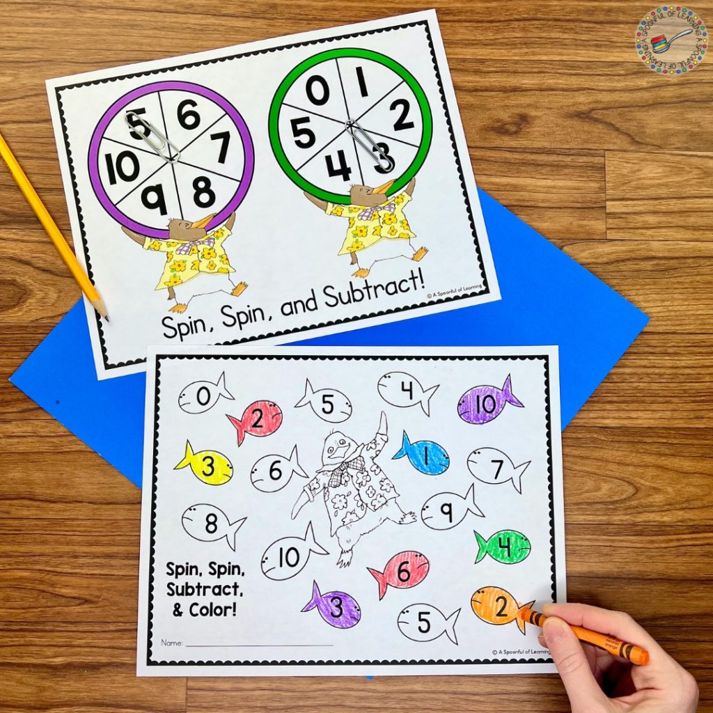 Double spinner subtraction with fish coloring sheet