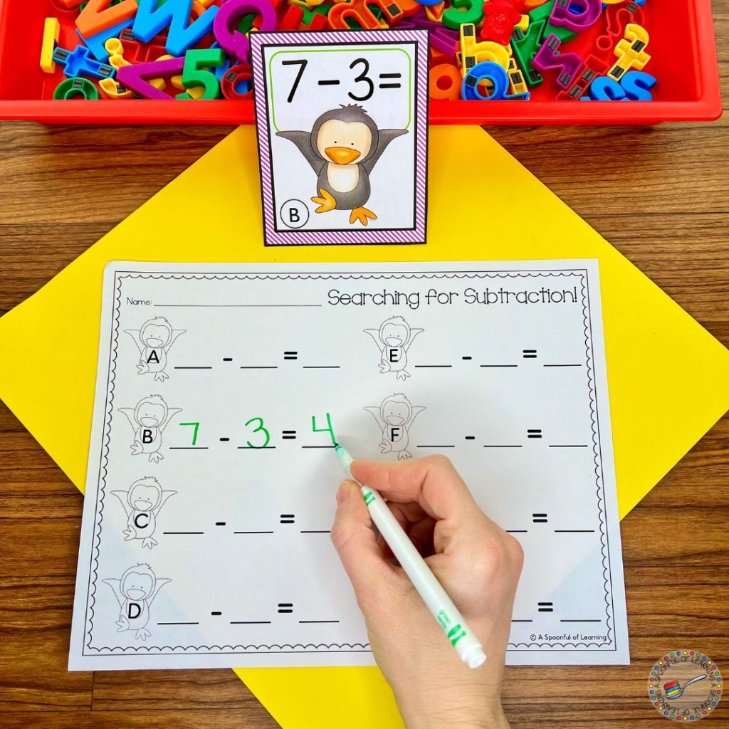 Penguin subtraction card and recording sheet for subtract around the room