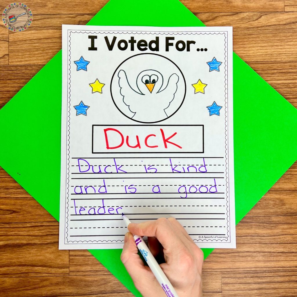 Writing activity showing who they voted for