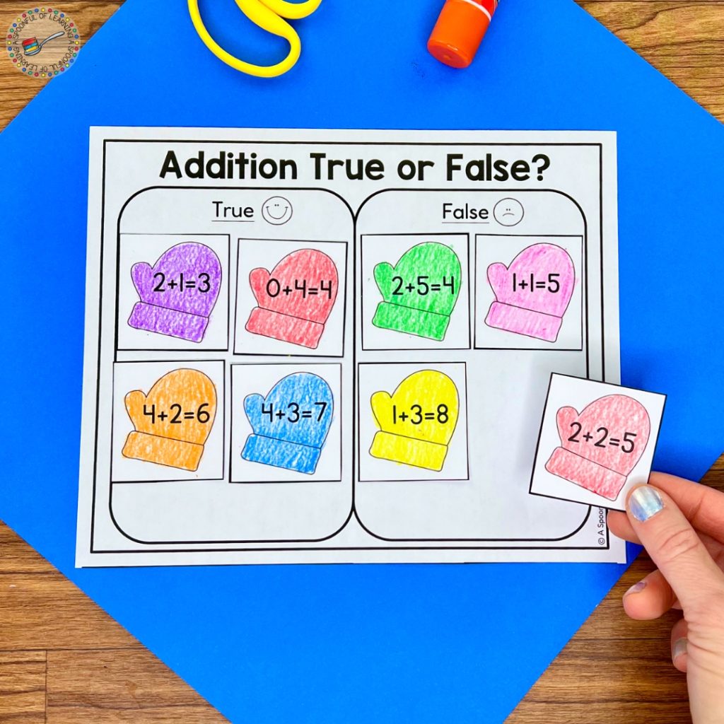 An addition true or false sorting activity