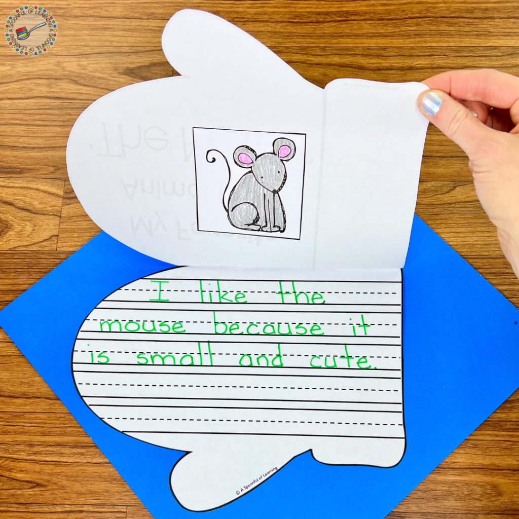 Lifting the flap of a mitten writing activity