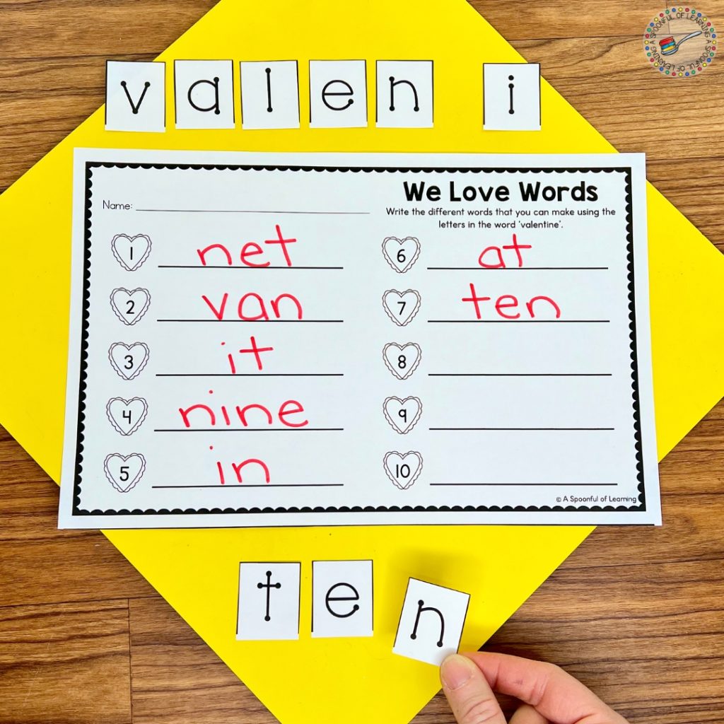 Making words with the letters in Valentine