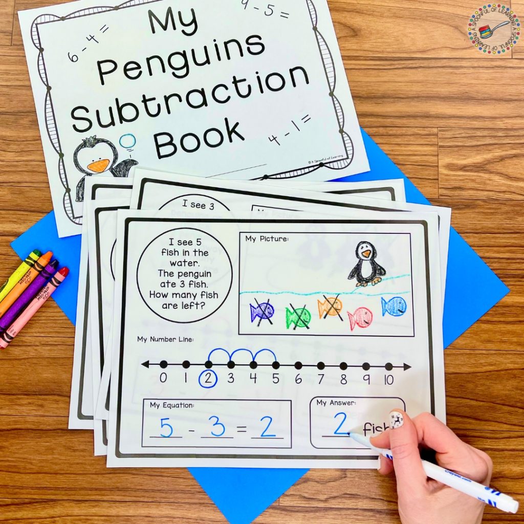 Pages of a penguin subtraction book
