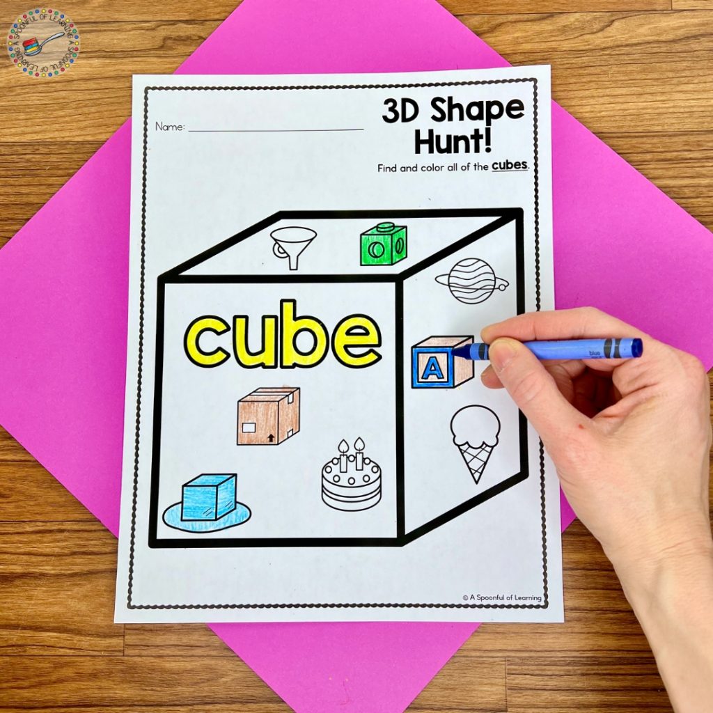3D shape hunt worksheet for cube