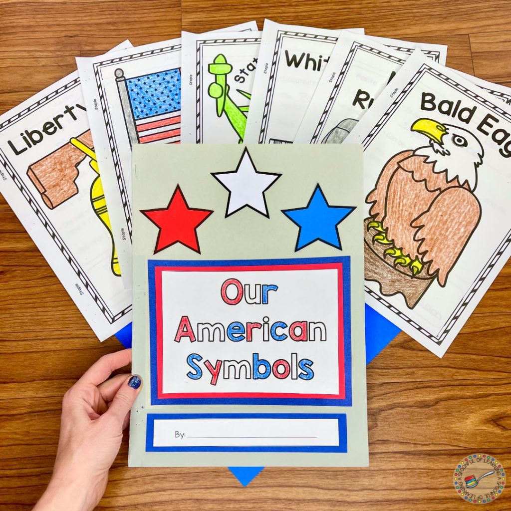 A variety of American Symbols coloring pages and the cover of a book titled "Our American Symbols"