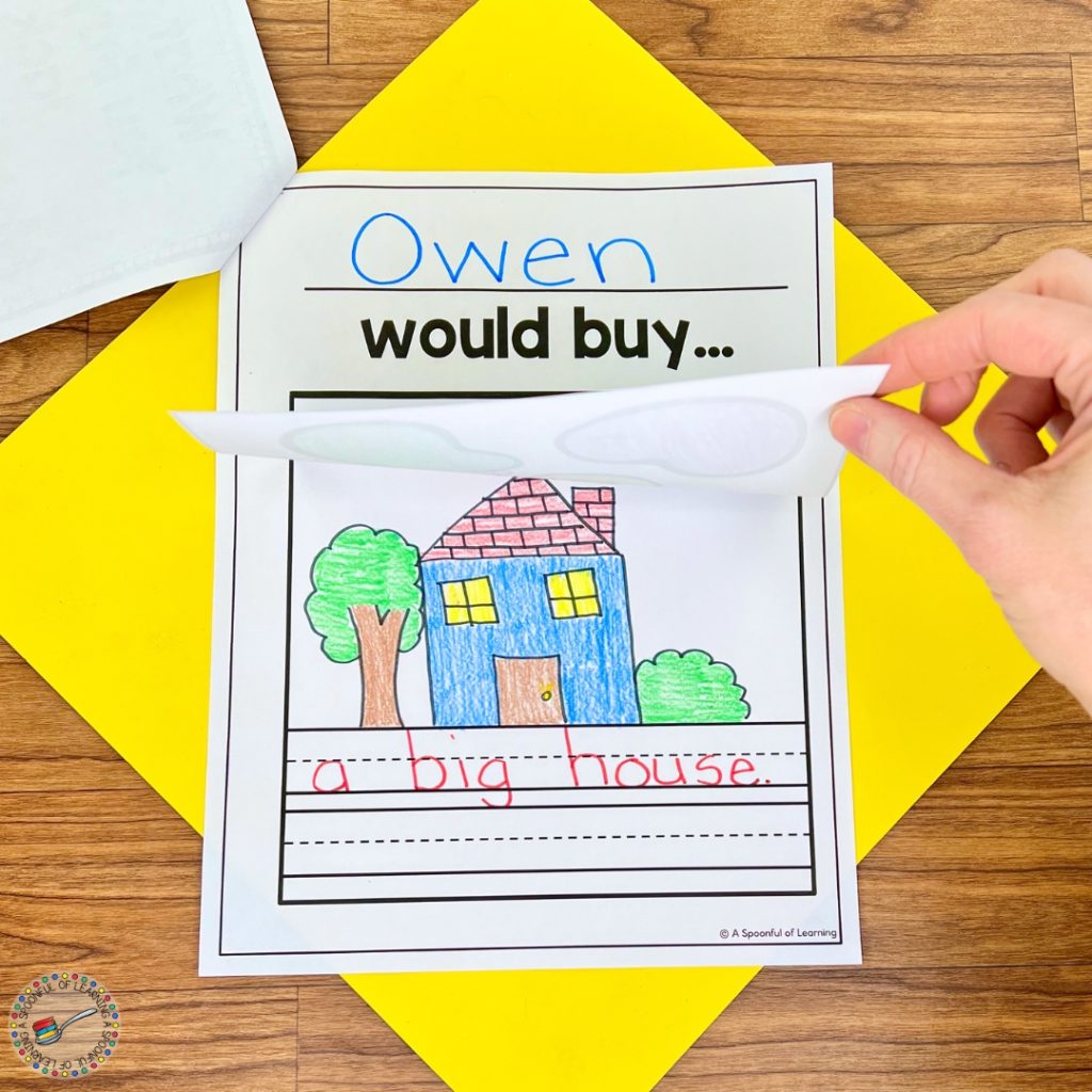 A class book page that shows what a child would buy with magic beans