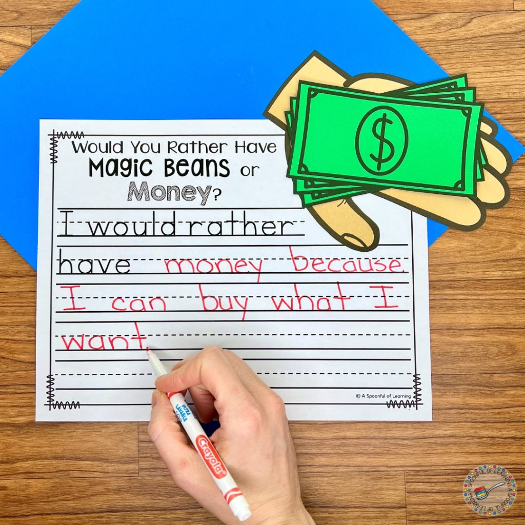 A craft and writing activity about choosing money over magic beans