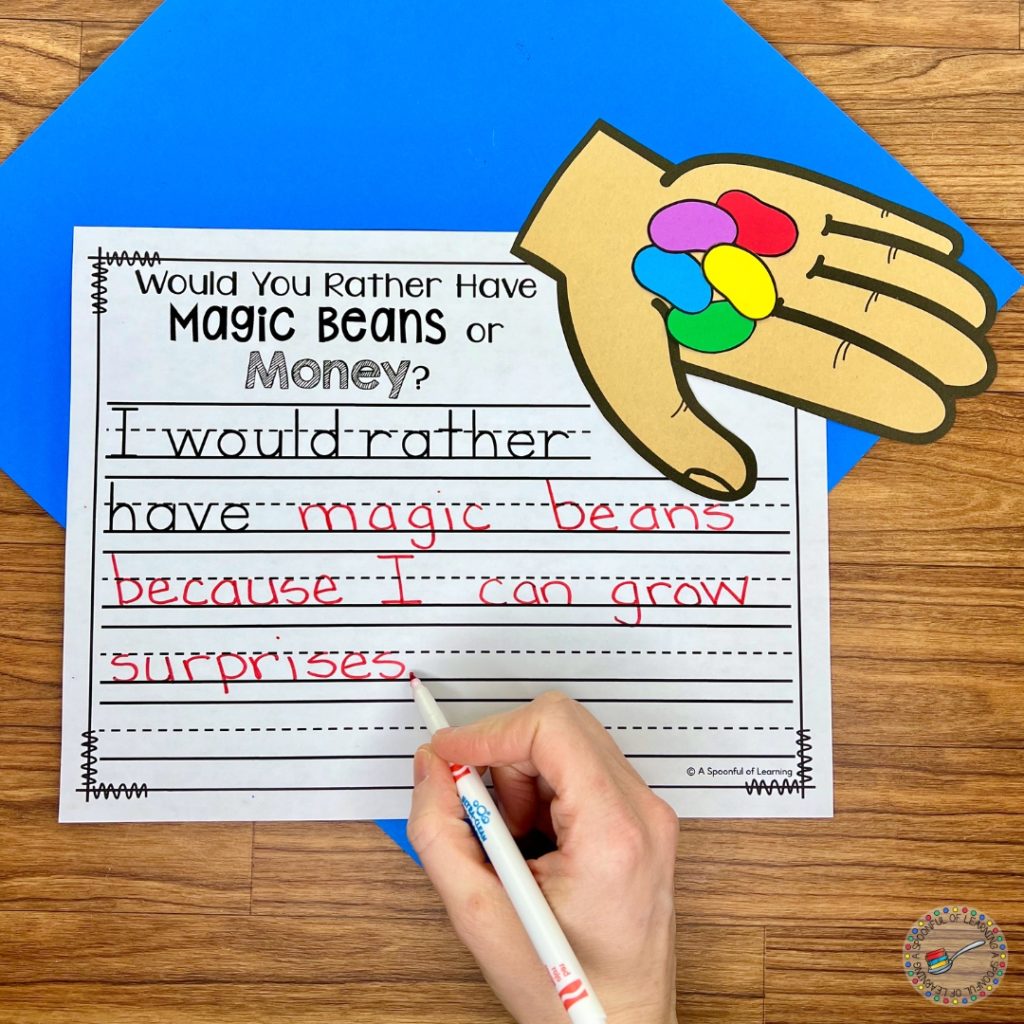 A craft and writing assignment about choosing magic beans over money.