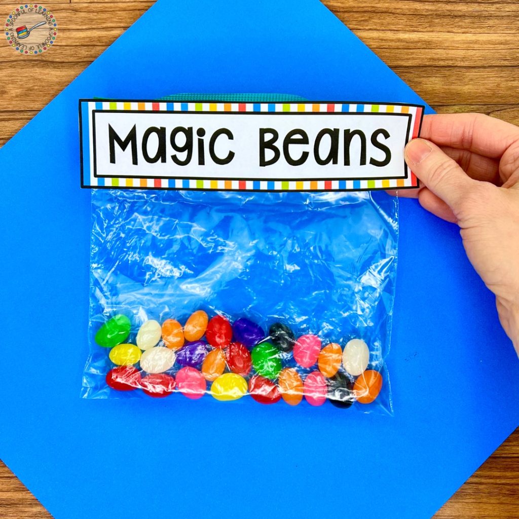 A bag of jelly beans with a magic beans bag label