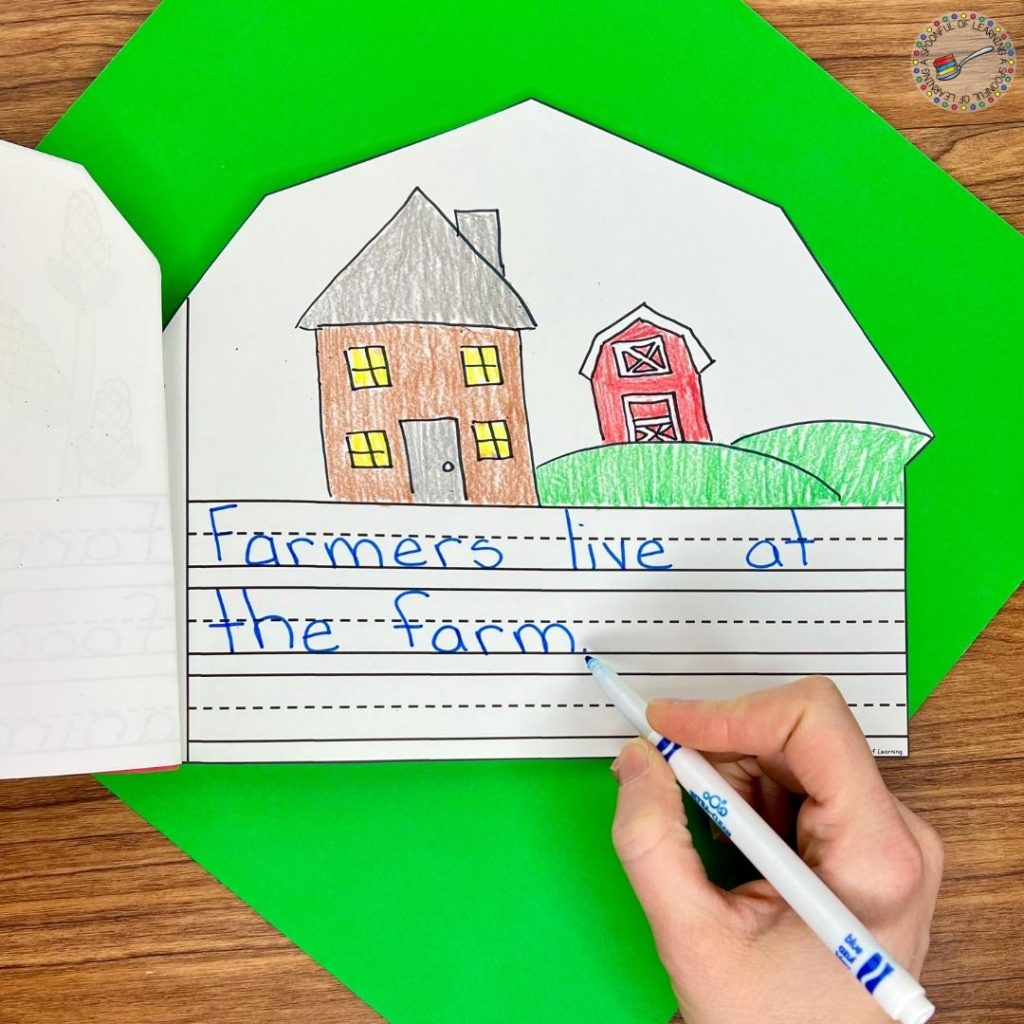 Writing a sentence that says "Farmers live at the farm."