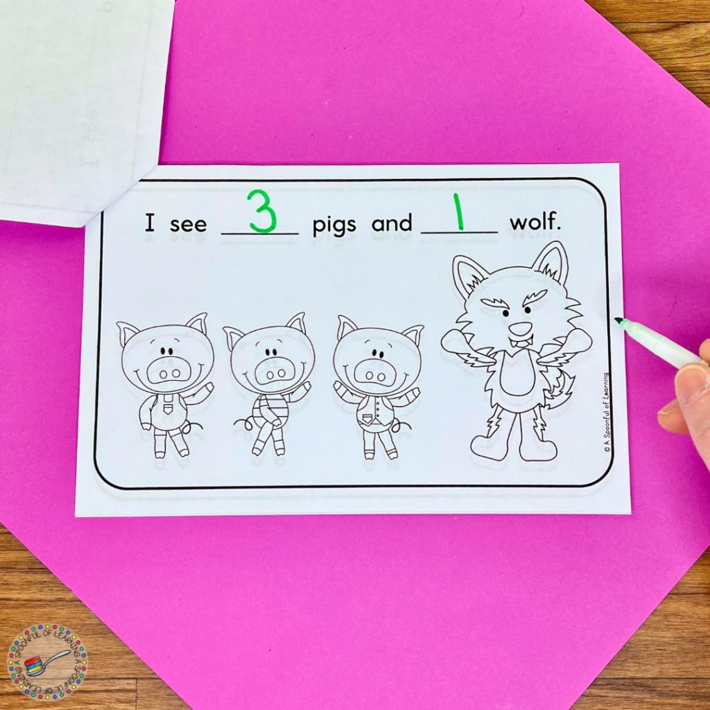 One page of a math reader with three pigs and one wolf