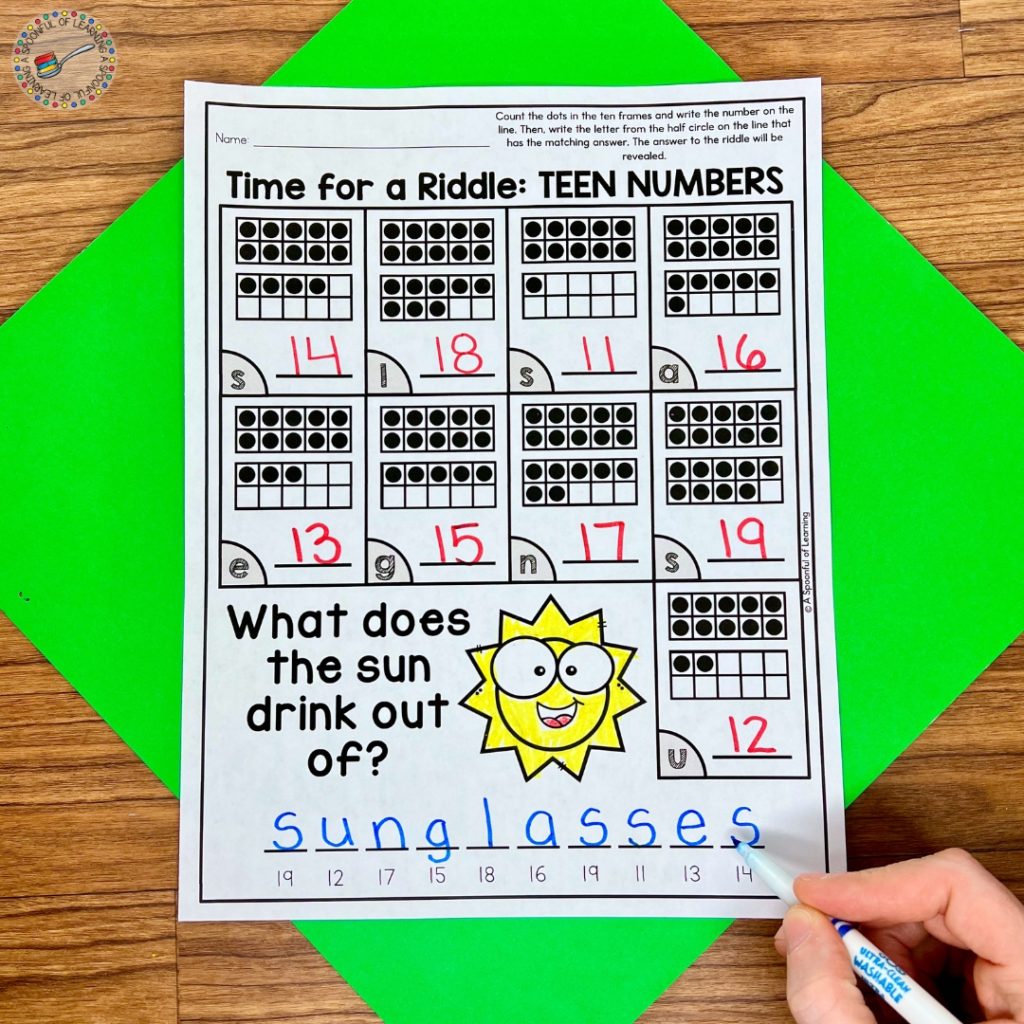 Teen number ten frame worksheet with riddle