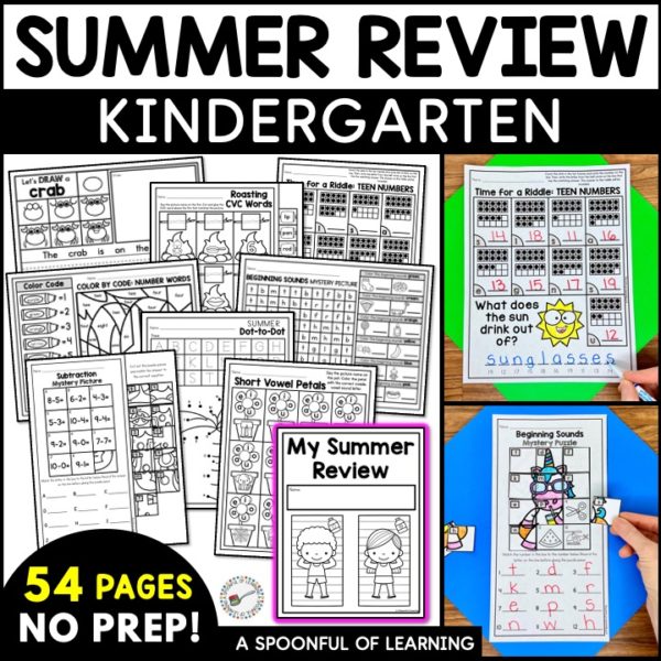 Math and literacy no prep printables included in this summer review packet for kindergarten.
