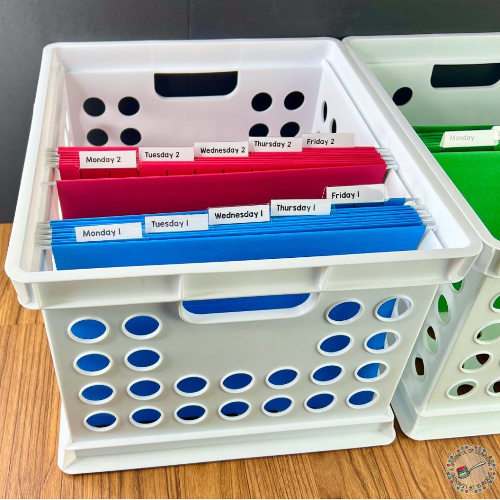 Planning crate with blue and red file folders