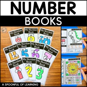 Covers of the numbers 1 to 10 number books. A number sense mystery picture activity, drawing groups, and tracing and writing numbers are shown.