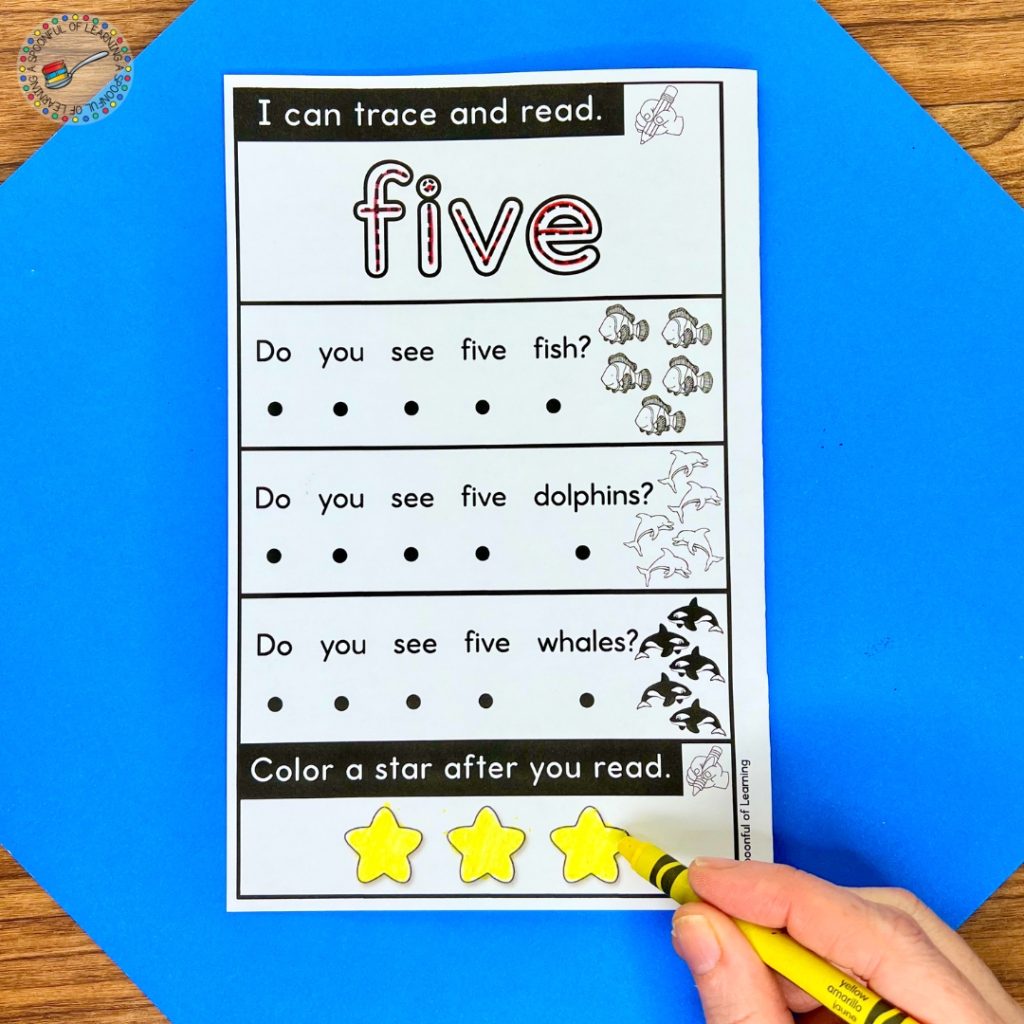 Reading the number word "five" within simple sentences.