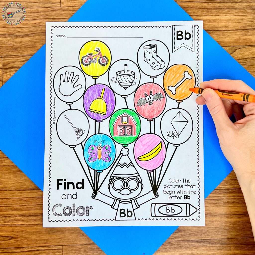 Balloon theme find and color worksheet for beginning sound