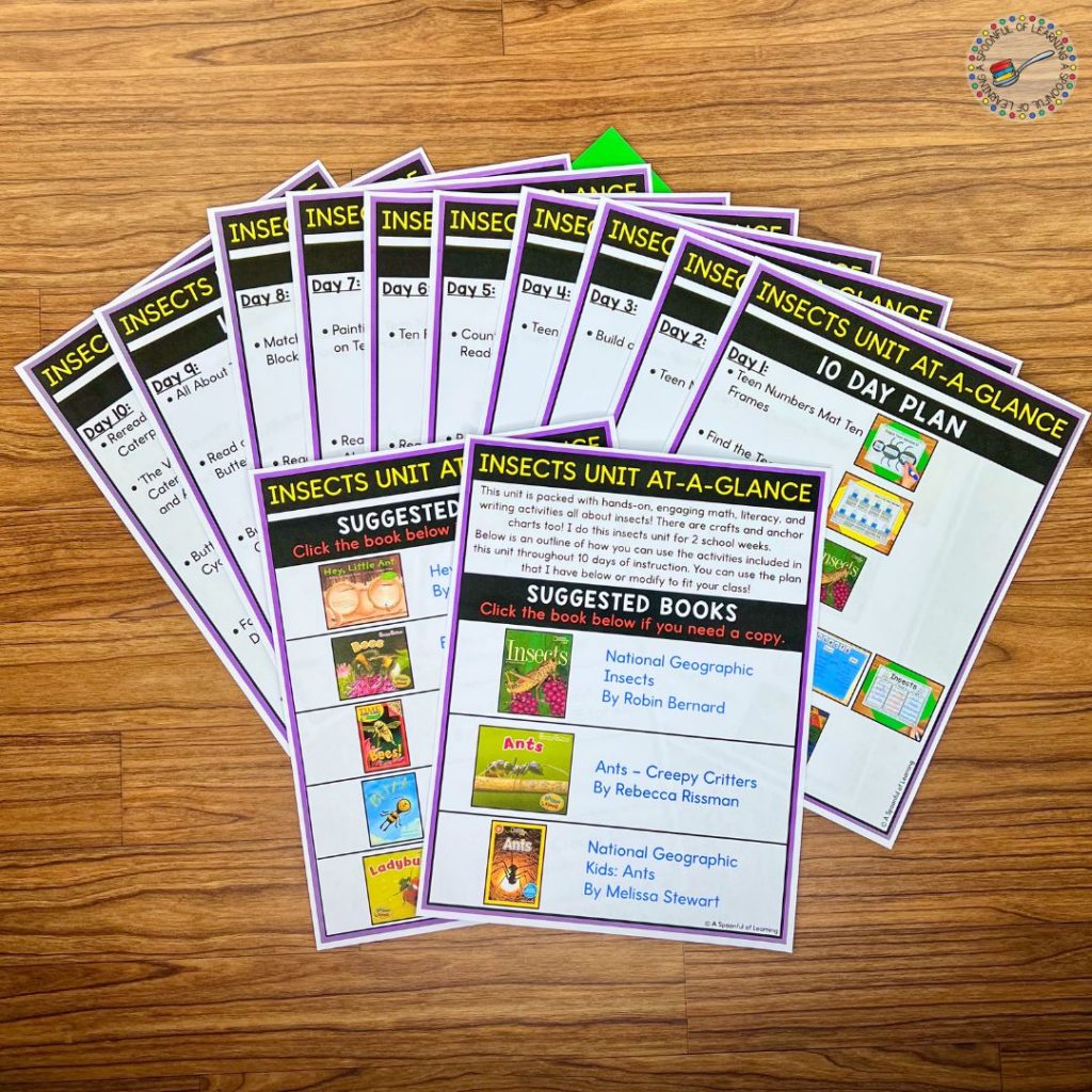 Unit at a glance printables for an insect unit