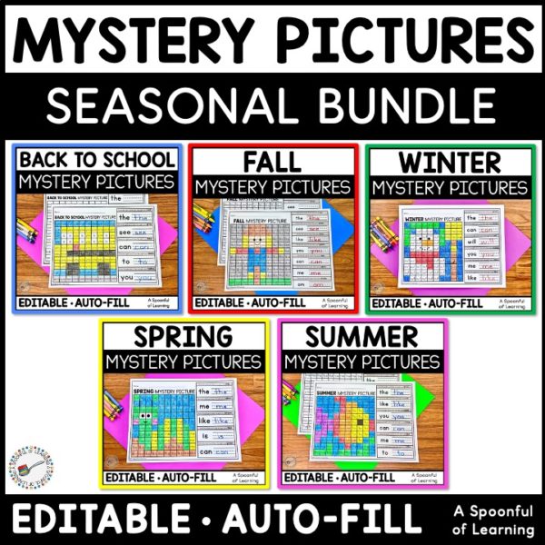 Mystery pictures for back to school, fall, winter, spring, and summer where students work on sight words to reveal a mystery picture.