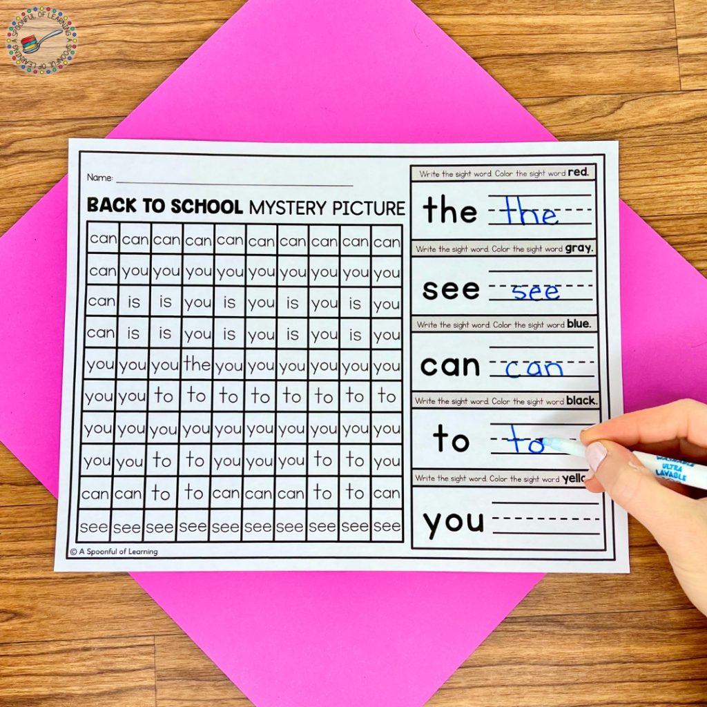 Writing sight words on the worksheet