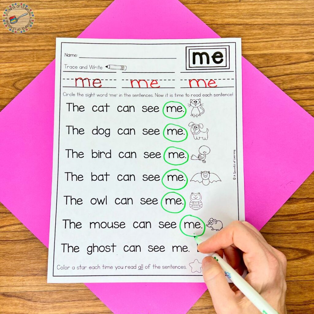 Completing a sight word fluency worksheet for the word "me"