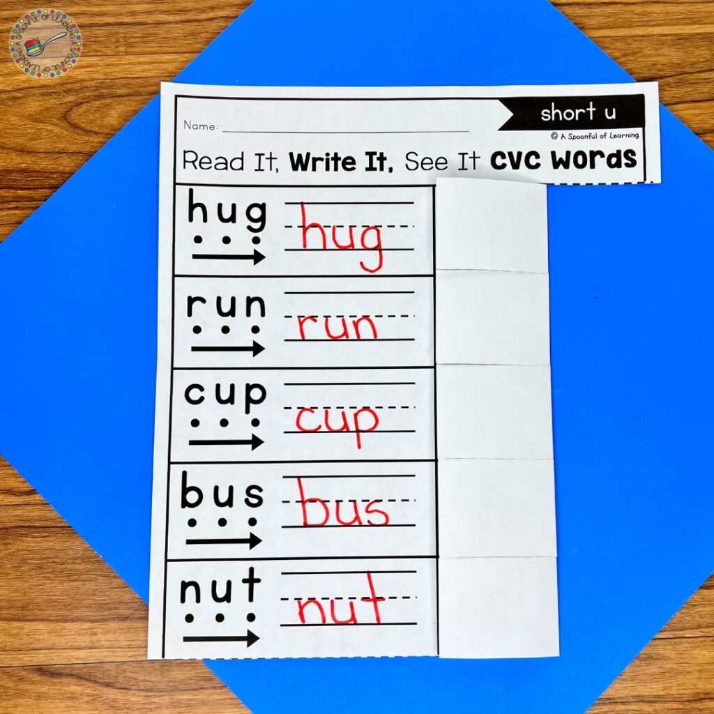 Completed word reading fluency activity with flaps folded over