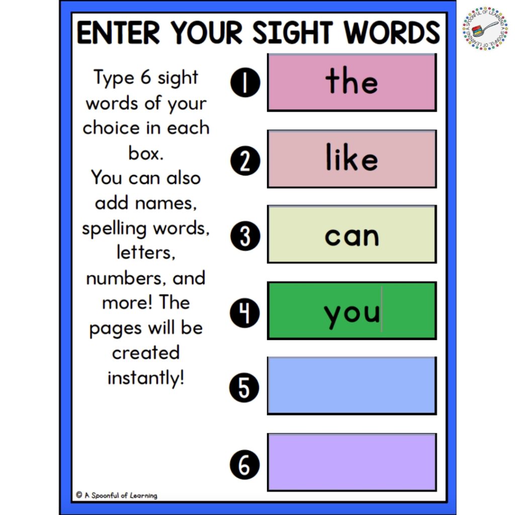Entering sight words into a PDF form