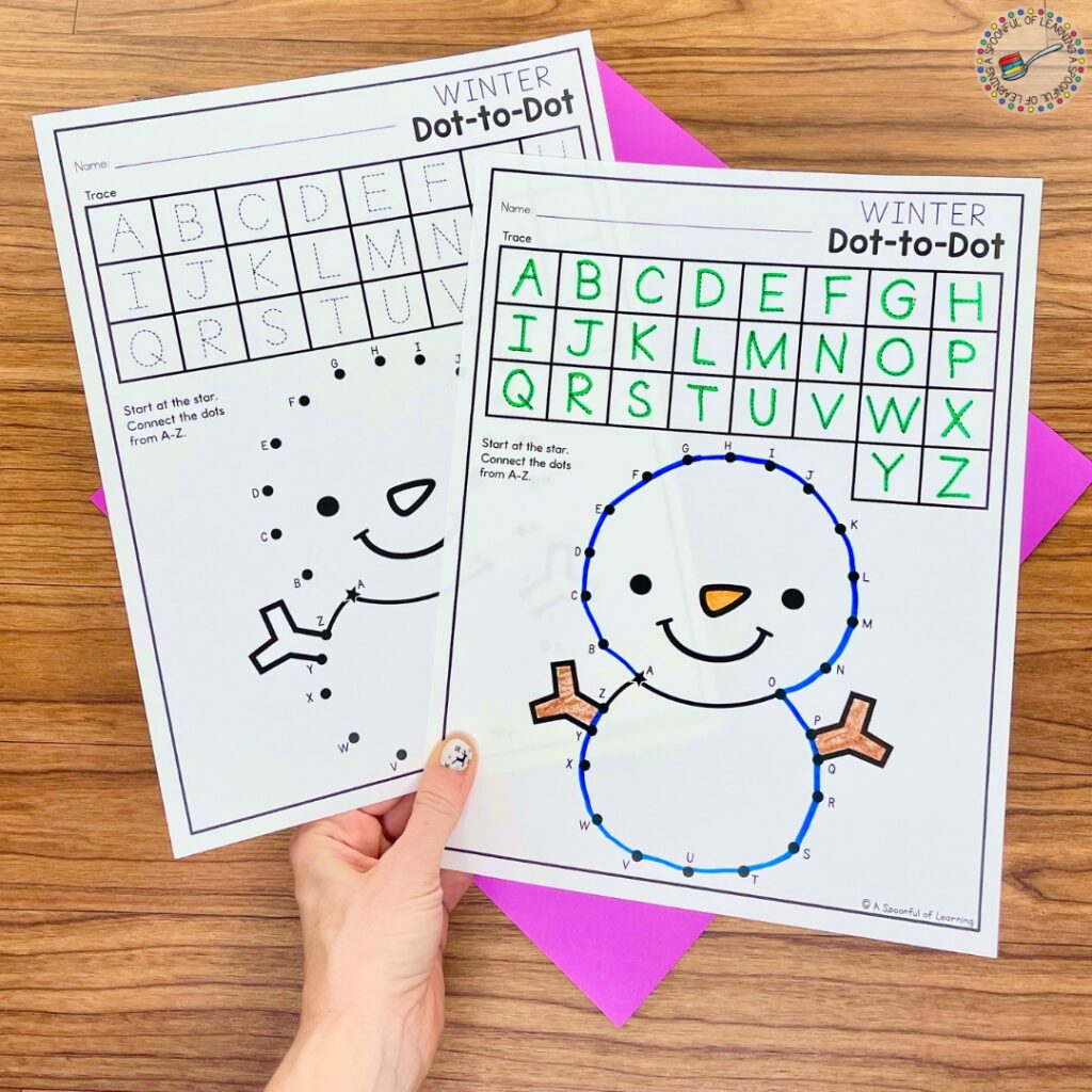 Blank and complete snowman dot-to-dot activity