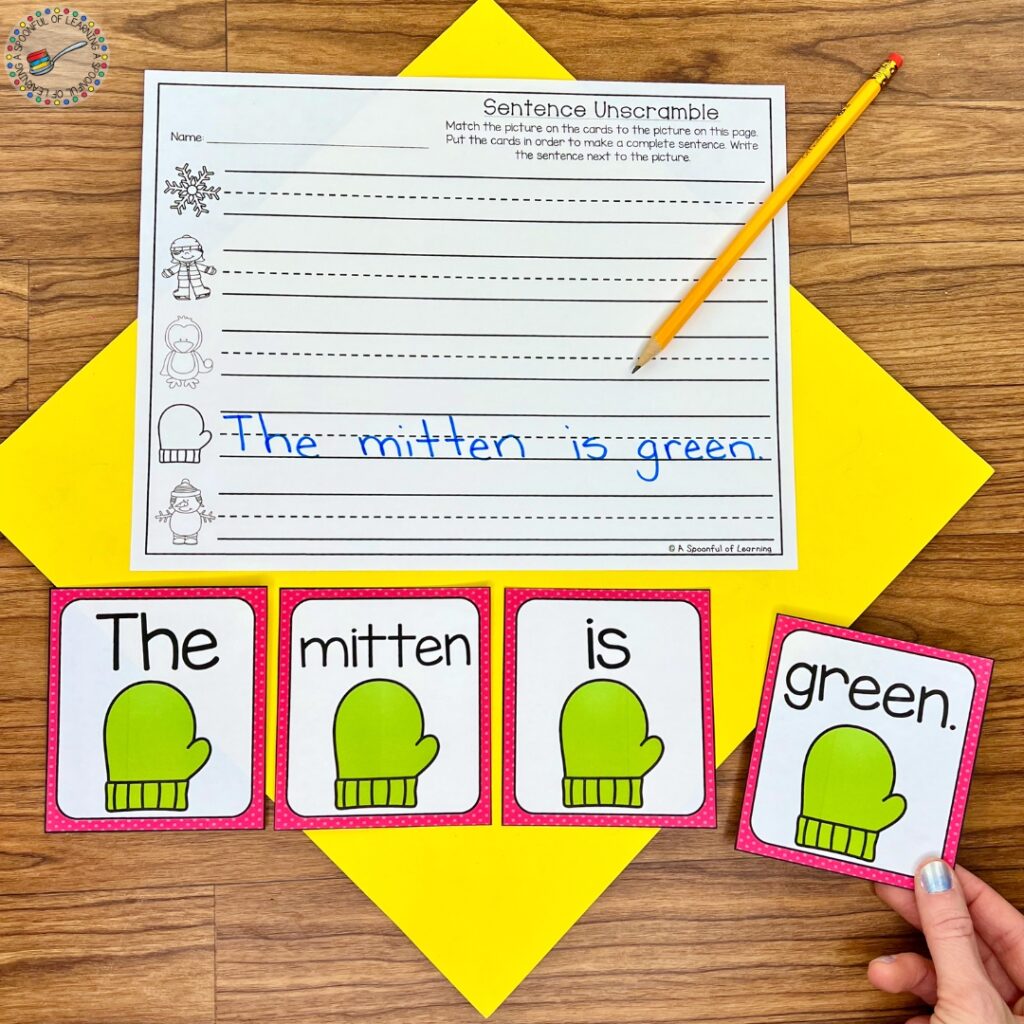 Putting mitten cards in order to create a sentence