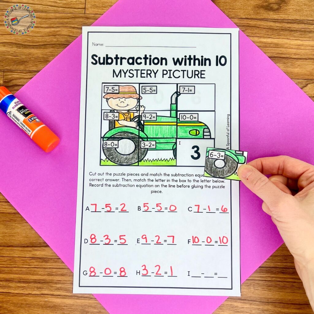 Completing a tractor mystery puzzles for subtraction within 10