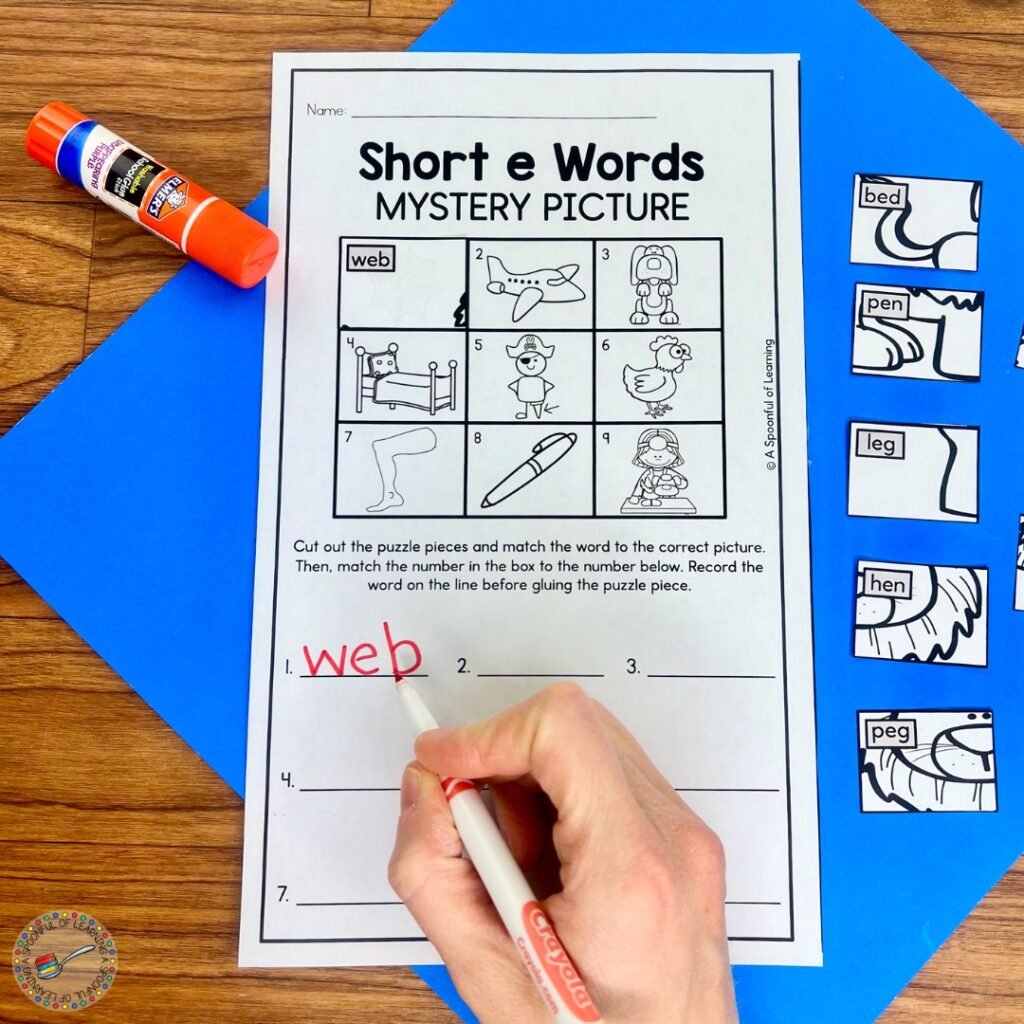 Writing a short e word on a mystery puzzle worksheet