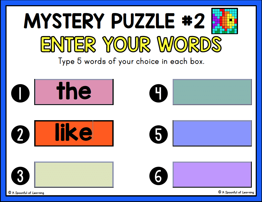 Entering words onto a mystery picture PDF form