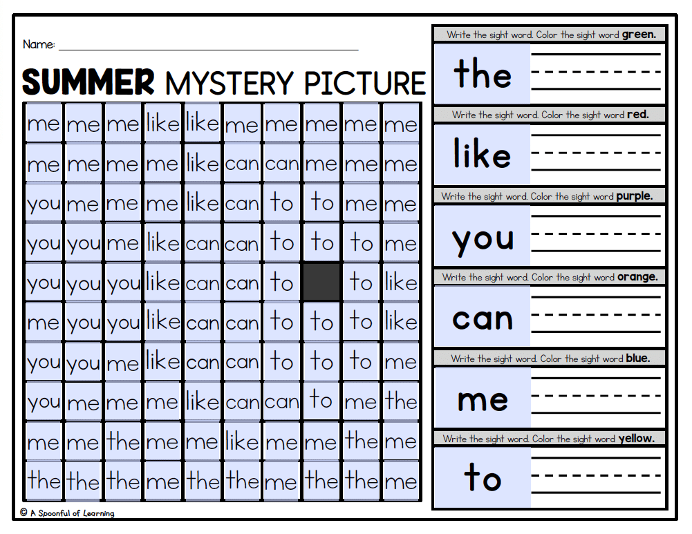 Sight words filled in on a summer mystery picture