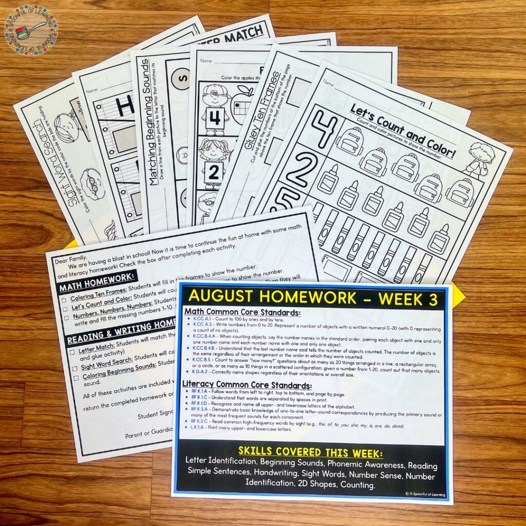 A variety of homework printables