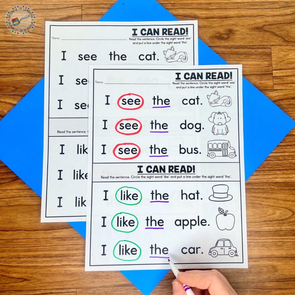 A sight word reading activity with simple sentences