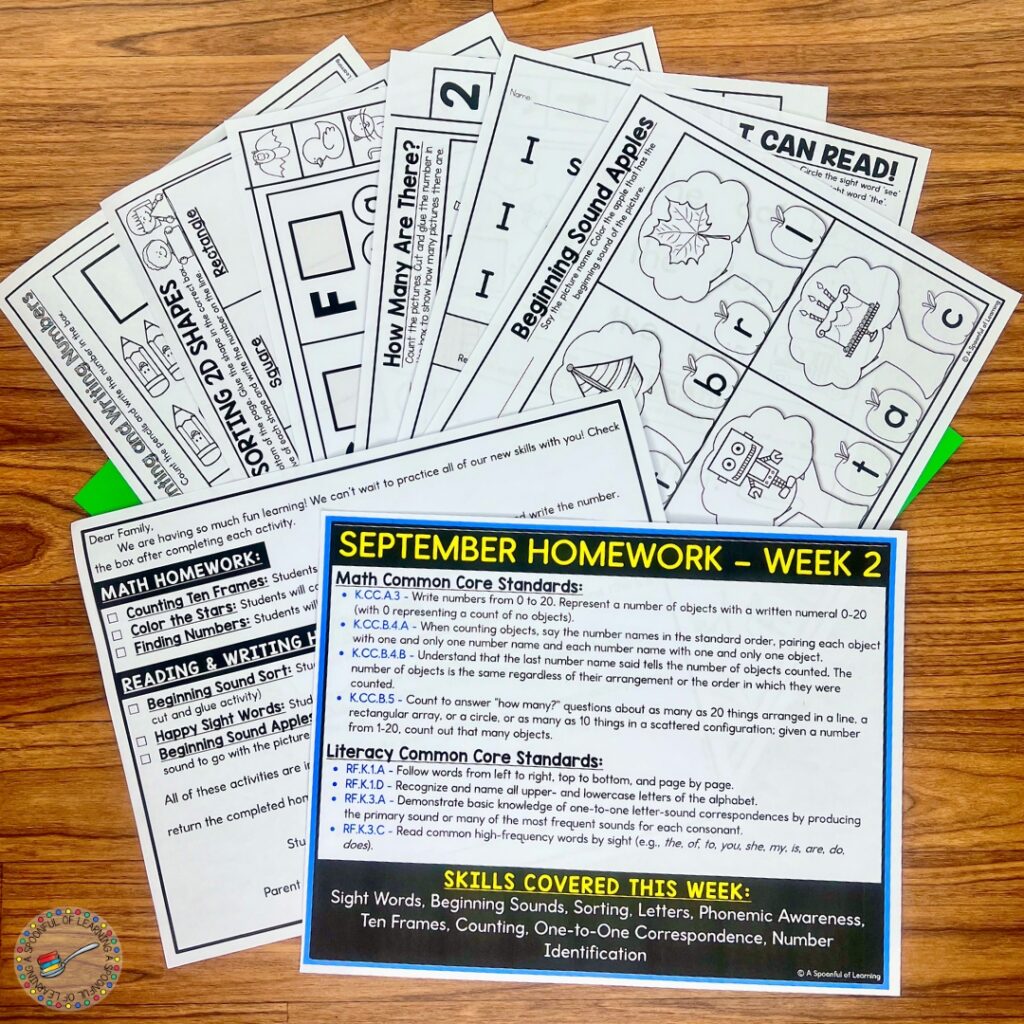 A variety of homework printables and teacher instructions